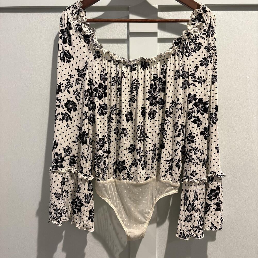 Free People Bodysuit Womens XS Floral Polka Dot Intimately Boho Flare Stretch